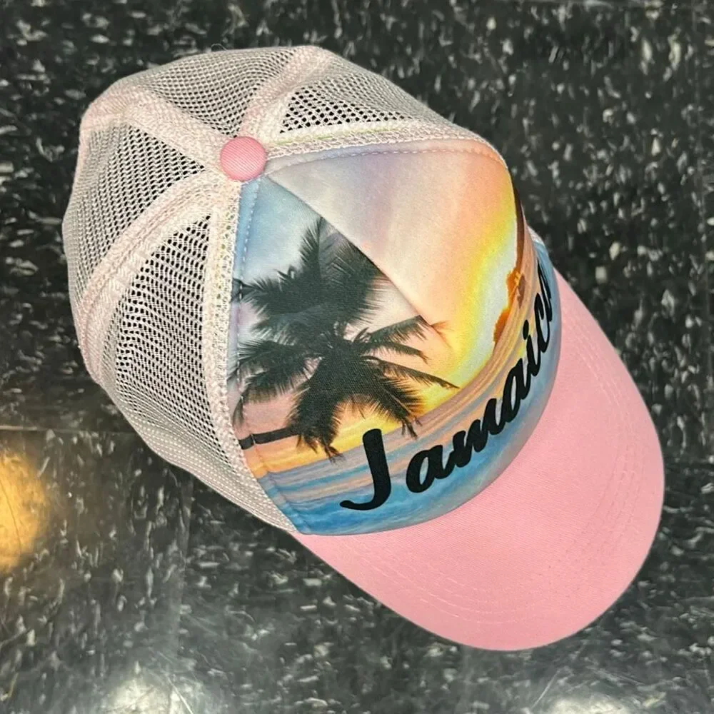 Jamaica Snapback Trucker Hat Pink White Sunset Palm Tree Beach One Love